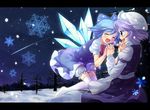  bloomers blue_hair cirno hands happy hat holding_hands lavender_hair letterboxed letty_whiterock multiple_girls oimo purple_eyes short_hair snow snowflakes thighhighs touhou underwear wings winter 