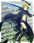  black_hair black_rock_shooter black_rock_shooter_(character) black_rock_shooter_(character)_(cosplay) blonde_hair blue_eyes boots burning_eye chain coat cosplay flat_chest hair_ornament hair_ribbon hairclip kagamine_rin long_hair midriff mimana ribbon short_hair shorts solo sword vocaloid weapon 