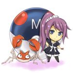  :&lt; bakemonogatari blue_eyes chibi crossover gen_1_pokemon kiyuren krabby master_ball monogatari_(series) poke_ball pokemon pokemon_(creature) purple_hair senjougahara_hitagi stapler 