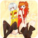 alternate_costume ayanami_rei bare_shoulders blue_hair boots casual coma_(fginiy) earrings jewelry legs multiple_girls neon_genesis_evangelion open_mouth red_eyes red_hair silver_hair souryuu_asuka_langley thighhighs 