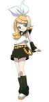  absurdres aqua_eyes blonde_hair hair_ornament hair_ribbon hairclip headphones headset highres hirabaru_kenji kagamine_rin midriff ribbon short_hair shorts simple_background smile solo vocaloid 