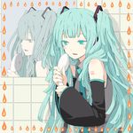  aqua_eyes aqua_hair detached_sleeves hatsune_miku headphones kintaro long_hair mirror necktie reflection shower_head solo tears twintails vocaloid 