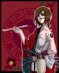  brown_eyes brown_hair eyepatch hadanugi_dousa hirabaru_kenji japanese_clothes katana kimono kiseru meiko pipe sarashi short_hair solo sword tattoo vocaloid weapon 