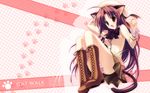  ahoge animal_ears boots bow bowtie cat_ears cat_tail copyright_request frills hair_ornament hand_behind_head hat highres large_bow non-web_source open_mouth panties paw_print ribbon ryouka_(suzuya) sitting skirt solo striped striped_panties tail tareme underwear wallpaper 