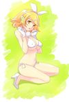  alternate_breast_size andy_h bikini blonde_hair breasts cleavage covered_nipples gloves hands headphones high_heels kagamine_rin large_breasts legs shoes short_hair side-tie_bikini solo swimsuit underboob vocaloid yellow_eyes 