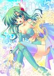  ass boots bracelet breasts choker cleavage detached_sleeves earrings final_fantasy final_fantasy_iv green_eyes green_hair hair_ornament jewelry leotard long_hair magic rydia smile star stars thigh-highs thigh_boots thighhighs 