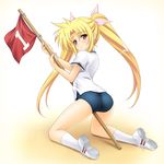  ass blonde_hair buruma crotch_rub fate_testarossa flag gym_uniform highres kneeling long_hair lyrical_nanoha mahou_shoujo_lyrical_nanoha masakichi_(crossroad) numbered_flag red_eyes solo twintails 