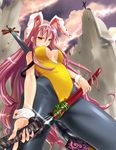  animal_ears bunny_ears bunnysuit from_below instrument long_hair nagare original pantyhose red_eyes red_hair shamisen sheath solo sword unsheathing weapon 