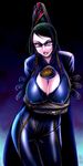  amulet bayonetta bayonetta_(character) black_hair breasts chiba_toshirou cleavage crossed_arms eyeshadow glasses huge_breasts leaning_forward lipstick makeup mole mole_under_mouth solo 