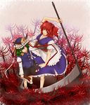 breasts cleavage flower green_hair hair_bobbles hair_ornament hat large_breasts multiple_girls nokkosu onozuka_komachi red_eyes red_hair rod_of_remorse scythe shiki_eiki short_hair spider_lily touhou two_side_up 