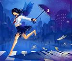  barefoot black_hair crescent crosswalk feet flying_paper headphones highres md5_mismatch night original paper piano_print qinni rain red_eyes running school_uniform serafuku sheet_music solo umbrella wings 