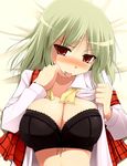  ascot bed_sheet blush bra breasts cleavage green_hair kazami_yuuka kurikara large_breasts lingerie lying on_back plaid plaid_vest red_eyes ribbon short_hair solo tongue touhou underwear untied vest 