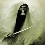  cloak death_(entity) gas_mask hood knife mk_(mikka) no_humans original skull sword weapon 