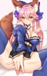  absurdres animal_ear_fluff animal_ears ass bangs bare_shoulders blue_bow blue_kimono blue_legwear blue_sleeves blush bow breasts brown_hair cleavage closed_mouth commentary_request covering covering_crotch detached_sleeves eyebrows_visible_through_hair fang fang_out fate/extra fate_(series) fingernails fox_ears fox_girl fox_tail hair_between_eyes hair_bow head_tilt highres japanese_clothes kimono large_breasts long_hair long_sleeves nekomiya_noru_(yuduki710) pink_hair sleeves_past_wrists smile solo strapless tail tail_raised tamamo_(fate)_(all) tamamo_no_mae_(fate) thighhighs very_long_hair 