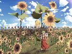  ascot breasts closed_umbrella cloud day field flower flower_field grass green_hair hand_on_hip kazami_yuuka long_skirt medium_breasts mieharu oversized_object plaid plaid_skirt plaid_vest short_hair skirt skirt_set solo sunflower touhou umbrella vest wind 