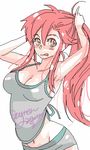  :q armpits artist_request bare_shoulders breasts casual cleavage large_breasts long_hair lowres midriff navel oekaki ponytail red_hair solo tengen_toppa_gurren_lagann tongue tongue_out yellow_eyes yoko_littner 