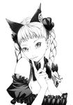  animal_ears bangs bow braid breasts cat_ears cleavage extra_ears finger_to_mouth greyscale hair_bow hair_ribbon hands kaenbyou_rin large_breasts monochrome realistic ribbon short_hair smile solo sousou_(sousouworks) touhou twin_braids twintails upper_body 