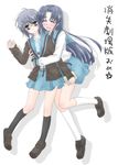  asakura_ryouko blue_hair brown_eyes cardigan glasses grey_hair hachikei hug kita_high_school_uniform long_hair multiple_girls nagato_yuki school_uniform serafuku short_hair suzumiya_haruhi_no_shoushitsu suzumiya_haruhi_no_yuuutsu translated 