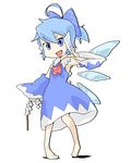  armpits barefoot blue_eyes blue_hair bow cirno cosplay detached_sleeves gohei hair_bow hakurei_reimu hakurei_reimu_(cosplay) lowres poketto short_hair solo touhou wings 