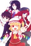  3girls alternate_color ascot bad_id bad_pixiv_id blonde_hair blue_eyes braid china_dress chinese_clothes dress flandre_scarlet fur_collar glasses hat hong_meiling jacket kara_no_kyoukai knife long_hair multiple_girls one_eye_closed one_side_up ponytail puffy_sleeves red_eyes red_hair red_jacket reverse_grip ryougi_shiki school_uniform short_hair toono_shiki touhou tsukihime twin_braids v wings yuya_(oshidori) 