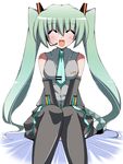  ^_^ aqua_hair bad_id bad_pixiv_id blush breasts closed_eyes detached_sleeves happy hatsune_miku headset large_breasts long_hair miniskirt necktie open_mouth saga_taichi sitting skirt solo thighhighs twintails vocaloid 