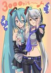  ahoge alcohol aqua_eyes aqua_hair blush detached_sleeves glass hatsune_miku headphones headset hirabaru_kenji hits long_hair midriff multiple_girls navel necktie ponytail red_eyes silver_hair skirt smile tears twintails vocaloid voyakiloid yowane_haku 