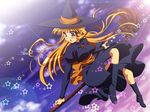  bad_id bad_pixiv_id blonde_hair blue_eyes broom broom_riding copyright_request hat long_hair mekabu sidesaddle solo witch witch_hat 