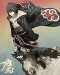  akatsuki_uniform black_hair cape male_focus naruto naruto_(series) noro_(king) rainbow_background solo standing uchiha_sasuke 