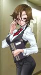  bespectacled breasts brown_eyes brown_hair earrings formal glasses highres hirabaru_kenji jewelry large_breasts meiko necktie pant_suit short_hair smile solo suit vocaloid 