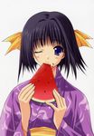  absurdres bow copyright_request eating food fruit hair_bow highres holding holding_food holding_fruit japanese_clothes kimono one_eye_closed scan short_hair solo suzuhira_hiro watermelon 
