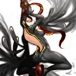  arched_back arm_up ass back backless_outfit bare_back bayonetta bayonetta_(character) black_hair bodysuit glasses gun hair_bun hair_ribbon legs long_hair looking_back noname_(nowhere) red_eyes ribbon skin_tight smile solo spread_legs very_long_hair weapon 