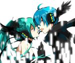  1girl ahoge aqua_hair blue_eyes blue_hair closed_eyes digital_dissolve gloves hatsune_miku headphones headset kaito long_hair magnet_(vocaloid) saiyukiht tears twintails vocaloid wings 