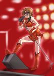  boots brown_eyes brown_hair cigarette collar gloves goggles hirabaru_kenji meiko microphone microphone_stand midriff skirt smile smoking solo vocaloid 