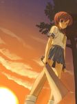  blue_eyes hatchet higurashi_no_naku_koro_ni nose_hatchet orange_hair ryuuguu_rena school_uniform serafuku solo sunset tree yousisi 