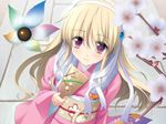  blonde_hair blush clarissa_satsuki_maezono flower furisode game_cg hagoita hair_ribbon honeycoming_royalsweet japanese_clothes kimono long_hair matsushita_makako outdoors paddle pink_eyes pink_kimono ribbon smile solo very_long_hair 