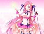  bad_id bad_pixiv_id blush hair_ornament hairpin long_hair lucia_(pangya) microphone microphone_stand midriff one_eye_closed pangya pink_hair red_eyes solo star thighhighs yuuki_kira 