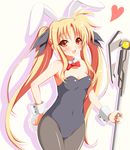  :d animal_ears bad_id bad_pixiv_id bardiche bare_shoulders blonde_hair blush bow bowtie bunny_ears bunnysuit covered_navel dansa fate_testarossa hand_on_hip heart long_hair lyrical_nanoha mahou_shoujo_lyrical_nanoha mahou_shoujo_lyrical_nanoha_a's open_mouth pantyhose red_eyes smile solo tail twintails wide_hips wrist_cuffs 