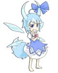  barefoot blue_eyes blue_hair cirno cosplay ex-keine ex-keine_(cosplay) horns kamishirasawa_keine lowres poketto short_hair solo tail touhou wings 