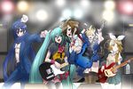  3girls aqua_eyes aqua_hair bass_guitar blonde_hair blue_eyes blue_hair blue_scarf bottle casual drum earrings fingerless_gloves gloves guitar hair_ornament hair_ribbon hairclip hatsune_miku hirabaru_kenji instrument jazz_bass jewelry kagamine_len kagamine_rin kaito long_hair meiko microphone microphone_stand multiple_boys multiple_girls necktie ribbon scarf sg short_hair skirt smile sweat telecaster thighhighs twintails very_long_hair vocaloid yellow_eyes zettai_ryouiki 