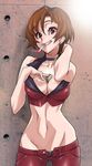  between_breasts breasts brown_eyes brown_hair cigarette cleavage grin groin hirabaru_kenji large_breasts lighter meiko midriff navel short_hair smile smoking solo vocaloid 