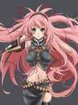  blue_eyes hirabaru_kenji impossible_clothes impossible_shirt long_hair megurine_luka midriff navel pink_hair shirt simple_background skirt smile solo thighhighs vocaloid 