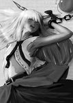  armpits arms_up bangs bare_arms belt bow drooling fruhling_s-k greyscale highres horn_bow horns ibuki_suika long_hair monochrome navel open_mouth sleeveless solo torn_clothes touhou 
