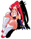  arm_support artist_request bare_shoulders bikini_top boots bottomless breasts cleavage elbow_gloves gloves large_breasts long_hair orange_eyes ponytail red_hair scarf shadow sitting skull solo tengen_toppa_gurren_lagann thighhighs yoko_littner zipper 