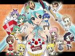  6+girls ahoge aqua_eyes aqua_hair birthday black_hair blonde_hair blue_eyes blue_hair blue_scarf brown_eyes brown_hair cake chibi detached_sleeves everyone food fork goggles goggles_on_head green_eyes green_hair gumi hair_ornament hair_ribbon hairband hairclip hands hatsune_miku headphones headset hirabaru_kenji kagamine_len kagamine_rin kaito kamui_gakupo leon_(vocaloid) lola_(vocaloid) long_hair megurine_luka meiko miriam multiple_boys multiple_girls necktie open_mouth pastry pink_hair ponytail prima primina purple_hair ribbon scarf short_hair shorts skirt smile sonika sweet_ann twintails very_long_hair vocaloid 