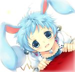  :d animal_ears azumarill bad_id bad_pixiv_id bell blue_eyes blue_hair bunny_ears earrings gen_2_pokemon jewelry looking_up open_mouth personification pokemon short_hair smile solo tail takeda_mika 