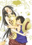  1girl bell bird black_hair blush boa_hancock breast_press breasts closed_eyes cocotri dirty dove earrings happy hat heart height_difference hug huge_breasts jewelry long_hair monkey_d_luffy one_piece open_mouth orgasm scar smile straw_hat sweat very_long_hair 