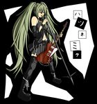  bad_id bad_pixiv_id belt boots brown_eyes detached_sleeves gibson_firebird green_hair guitar hatsune_miku headphones highres instrument legs long_hair microphone microphone_stand navel necktie open_mouth orepaso skirt solo thighhighs twintails very_long_hair vocaloid zettai_ryouiki 
