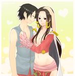  1girl bad_id bad_pixiv_id black_eyes black_hair blush boa_hancock breasts cape cleavage couple earrings grin groin hetero jewelry kiro_taoru large_breasts long_hair midriff monkey_d_luffy one_piece petting smile 