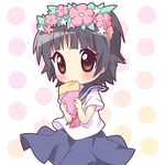  black_hair chibi crepe eating flower food food_wrapper hair_flower hair_ornament head_wreath mirai_(sugar) sakugawa_school_uniform school_uniform serafuku skirt solo to_aru_kagaku_no_railgun to_aru_majutsu_no_index uiharu_kazari 