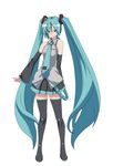  aqua_eyes aqua_hair detached_sleeves hatsune_miku headphones headset highres hirabaru_kenji legs long_hair necktie simple_background skirt smile solo thighhighs twintails very_long_hair vocaloid zettai_ryouiki 